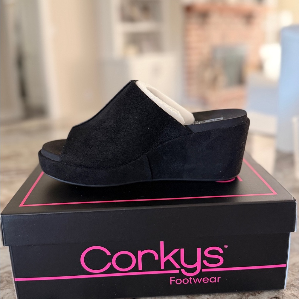 Corkys Black Faux Suede Wedge Mules